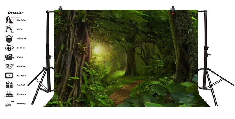 LFEEY 5x3ft Fairytale Rainforest Photo Backdrop Kids Birthday Party Events Decor Evergreen Forest Jungle Natural Scenery Photography Background Wallpaper Jungle Backdrop for Party Photo Studio Props - Image 3